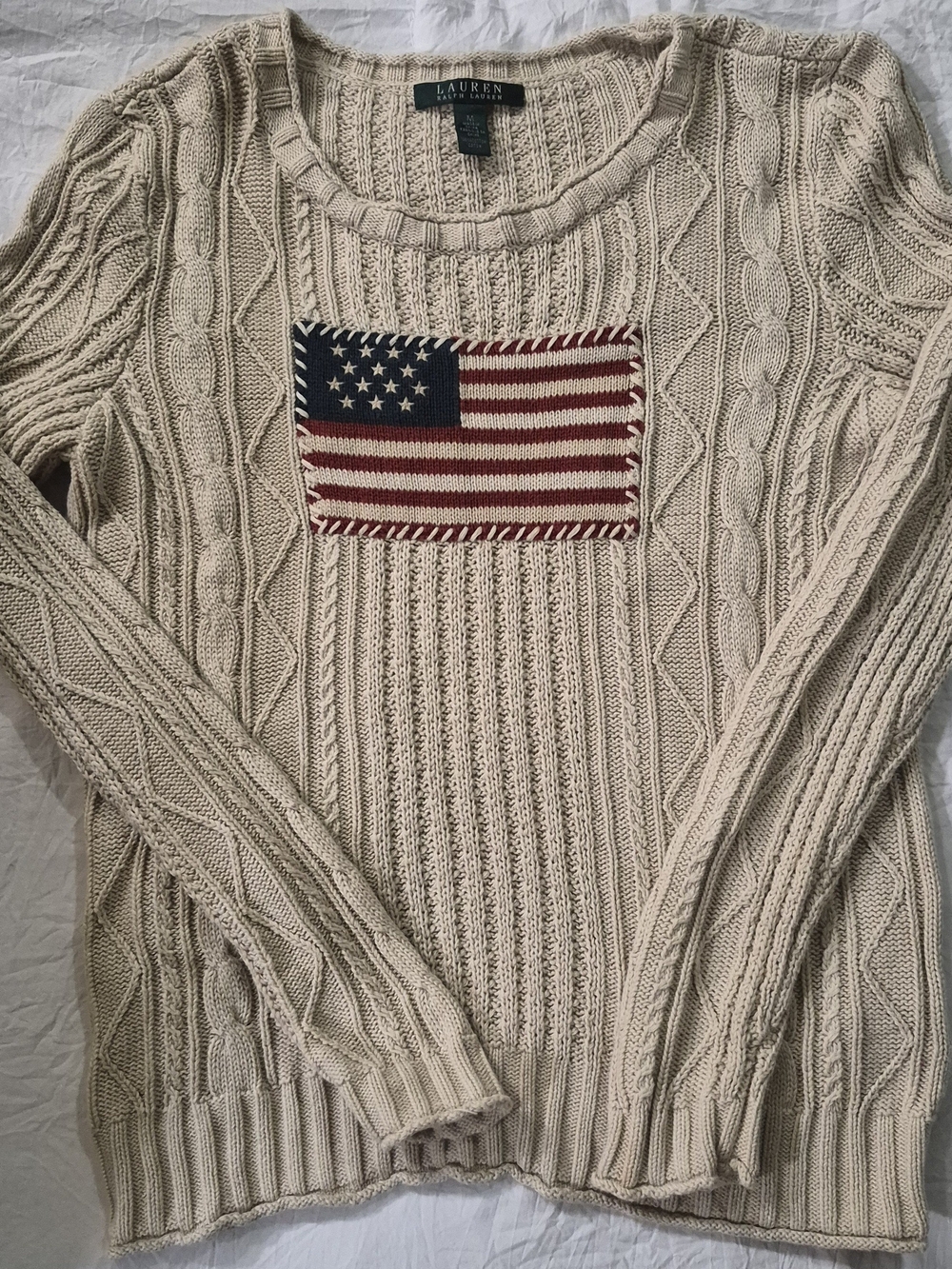 Lauren Ralph Lauren Cream Cable-Knit Sweater with Flag Patch Detail